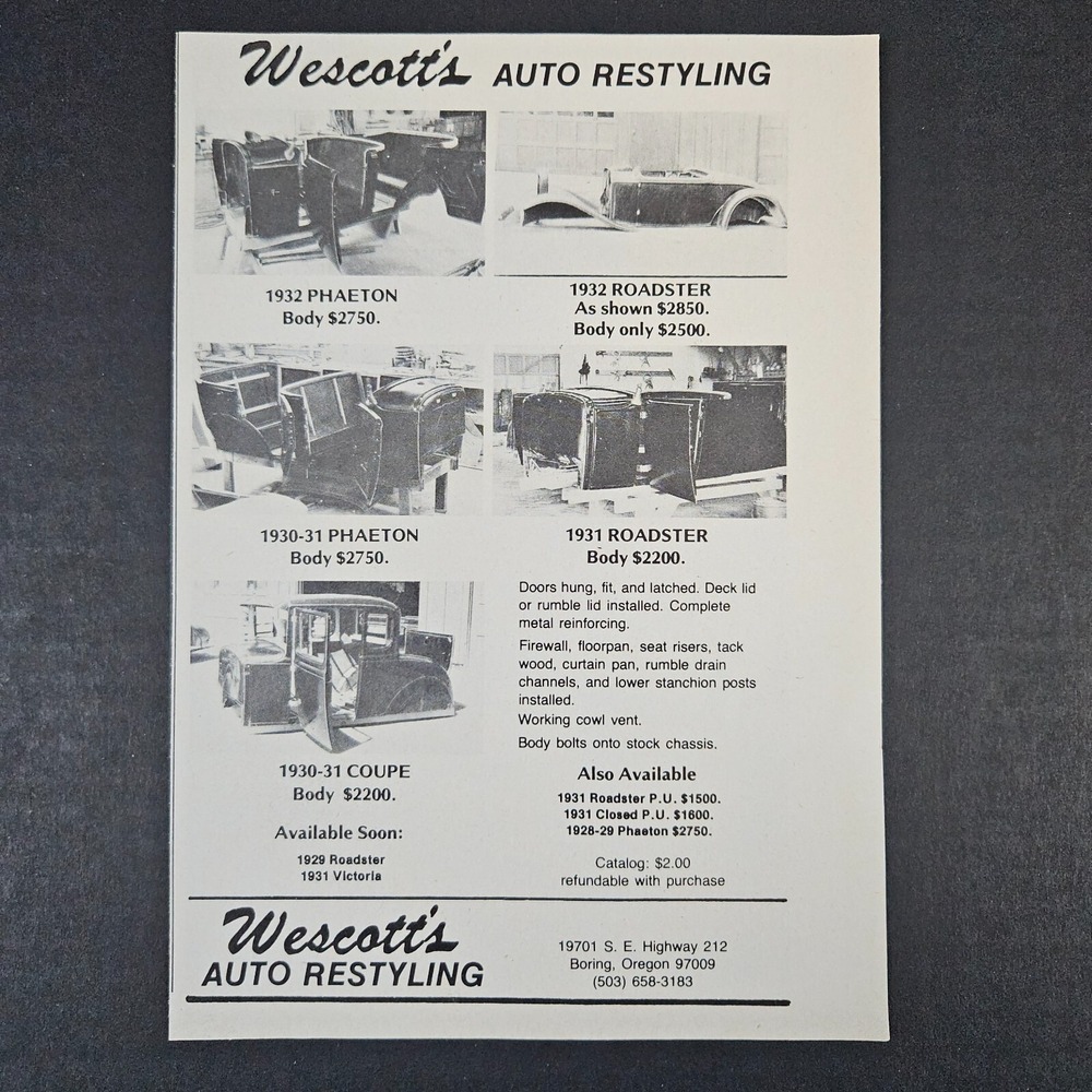 1979 Wescott's Auto Restyling Vintage Print Ad Boring OR Phaeton Coupe Roadster
